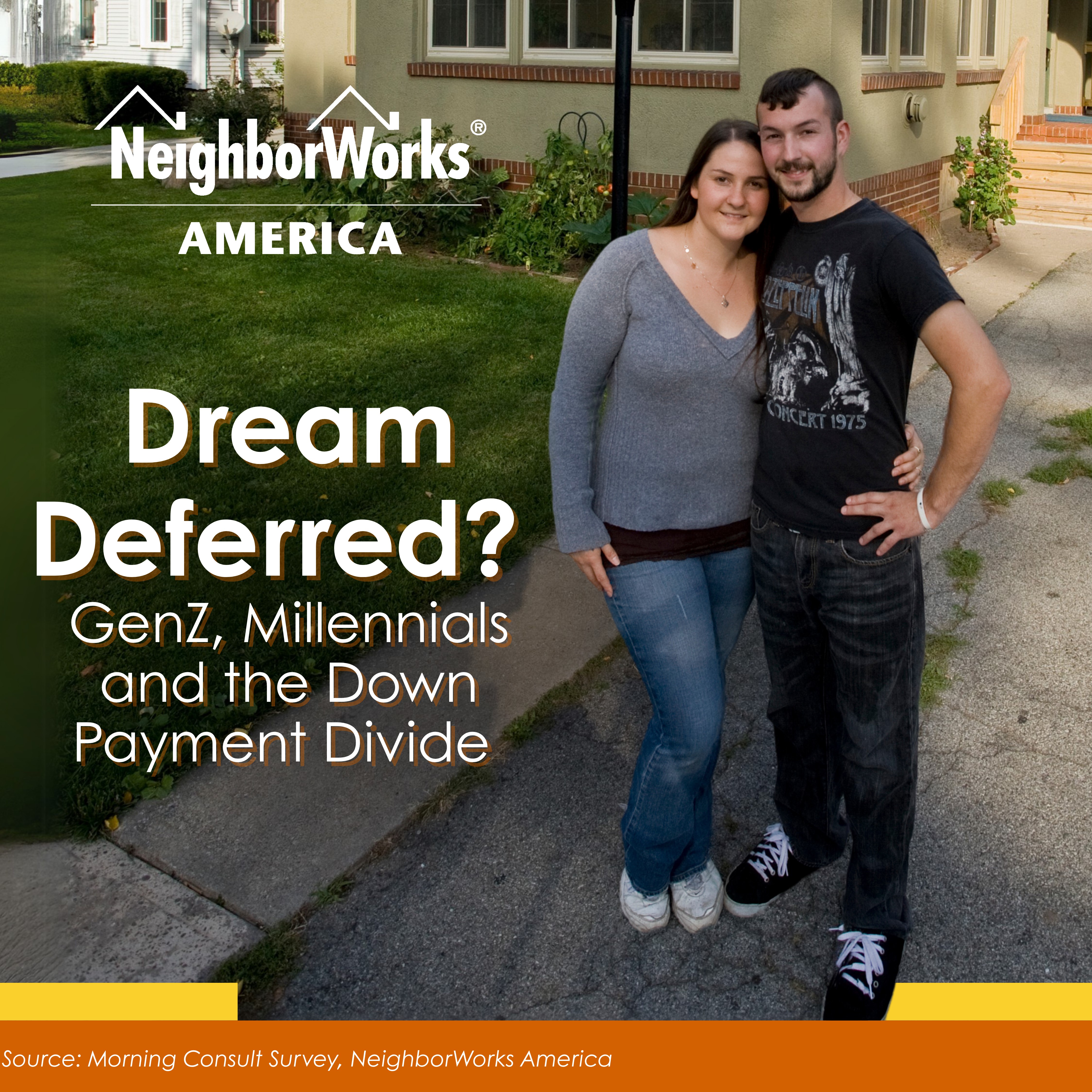 A graphic shows two young homeowners in front of their home.