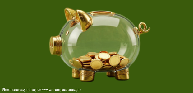 A photo of a green bank filled with gold coints.