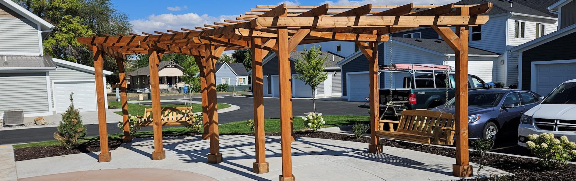 New homeowner Dawson built this pergola for the community.