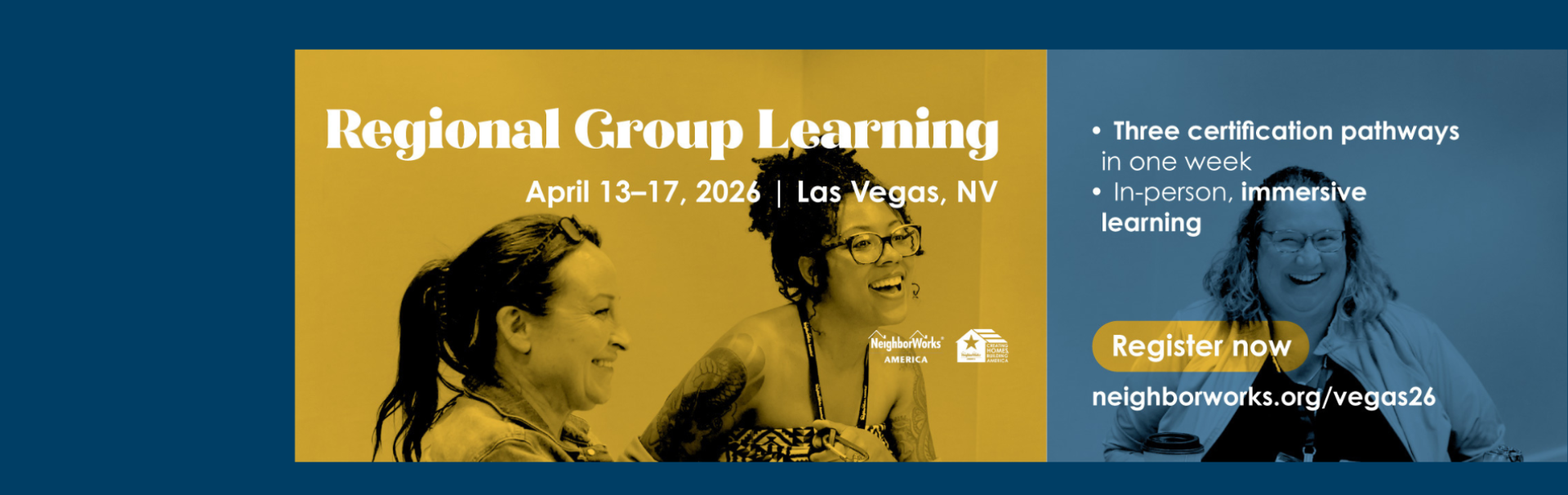 Banner shows Las Vegas group training: two women who look to be learning.