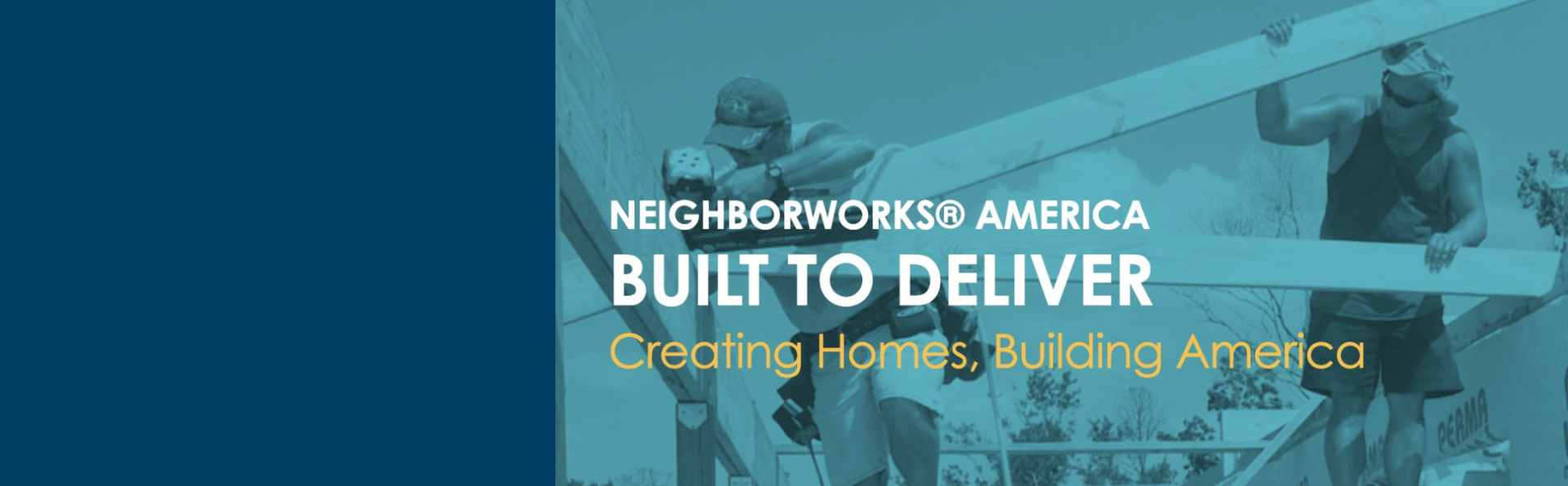 A photo with blue hutes shows two builders working on a home.