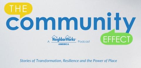 Teaser for The Community Effect with the logo of the podcast, in yellow, blue and green.