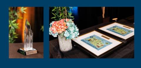 NeighborWorks awards are shown against a blue background.